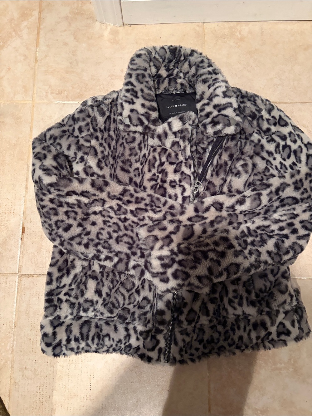 Lucky Brand Gray and Black Leopard Faux Fur Jacket